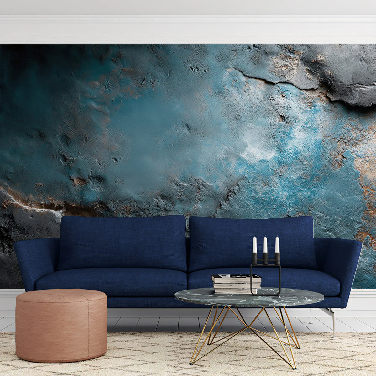 Weathered Concrete Mural Wallpaper — Industrial Blue and Rust Mural Wallpaper - room preview 02