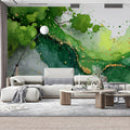 Verdant Agate Mural Wallpaper — Fluid Green and Gold Ink Art Mural Wallpaper - room preview 02