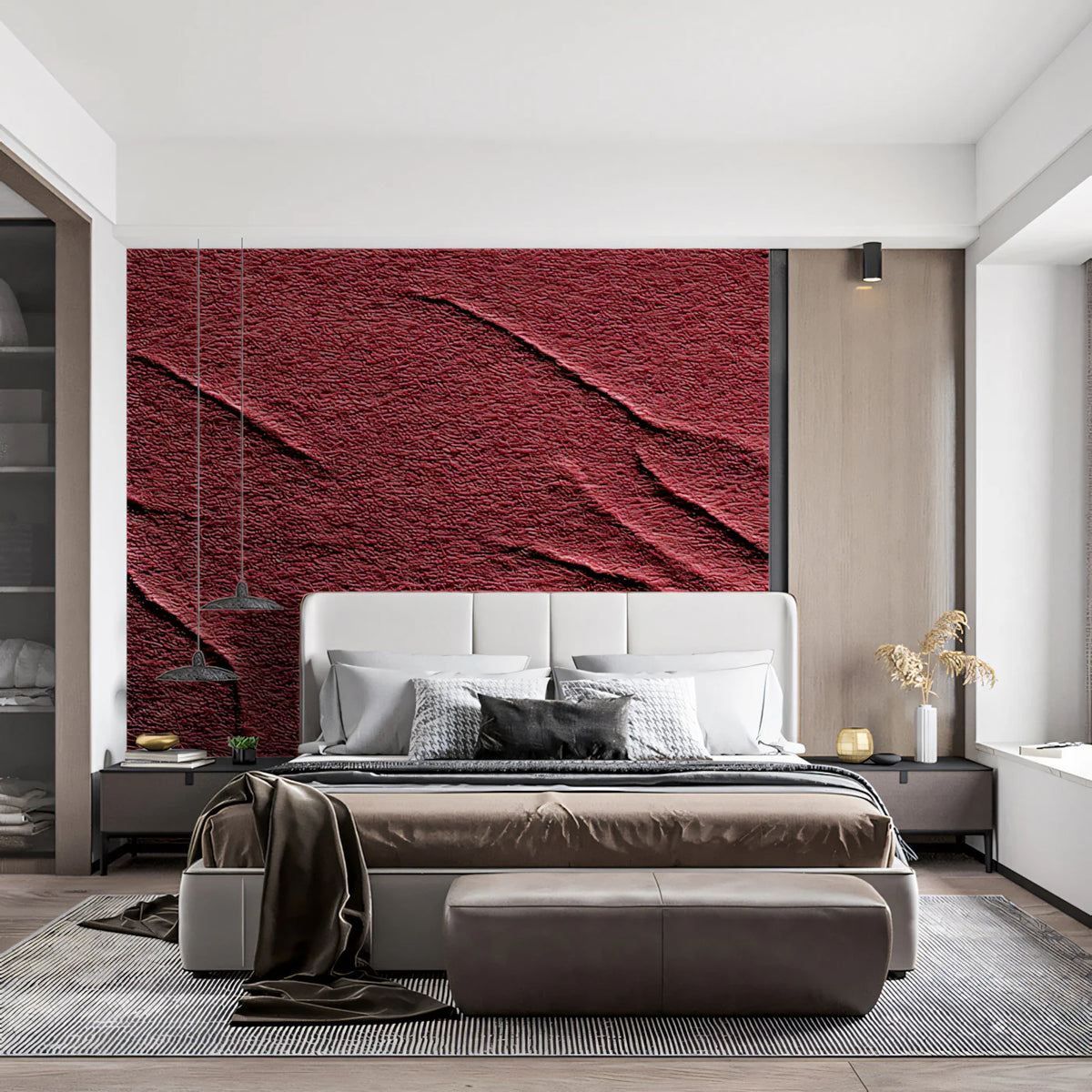 Sculptural Wavy Plaster Mural Wallpaper in Deep Burgundy Mural Wallpaper - room preview 02