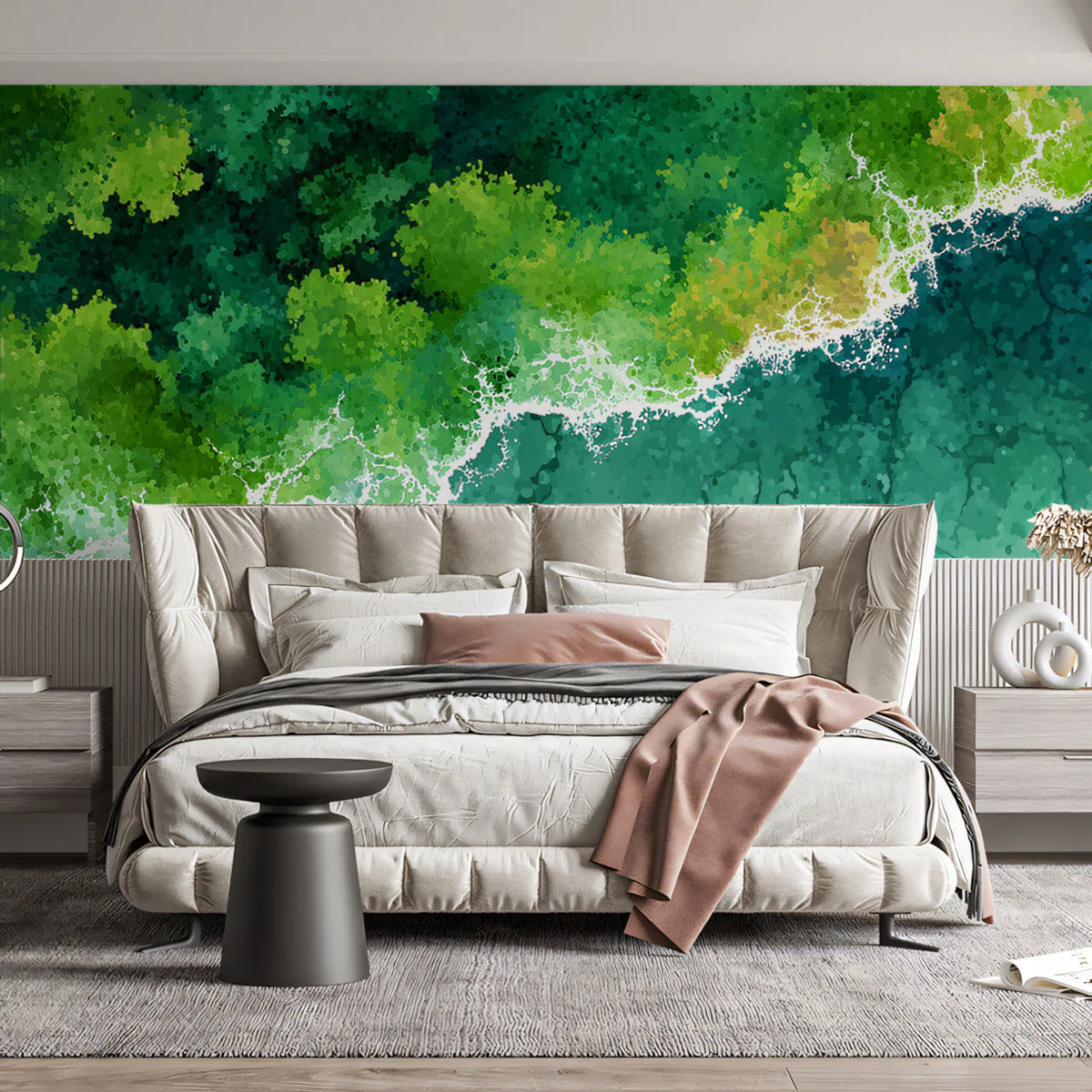 Aerial Coastline Mural Wallpaper — Impressionistic Forest and Ocean Mural Wallpaper - room preview 02