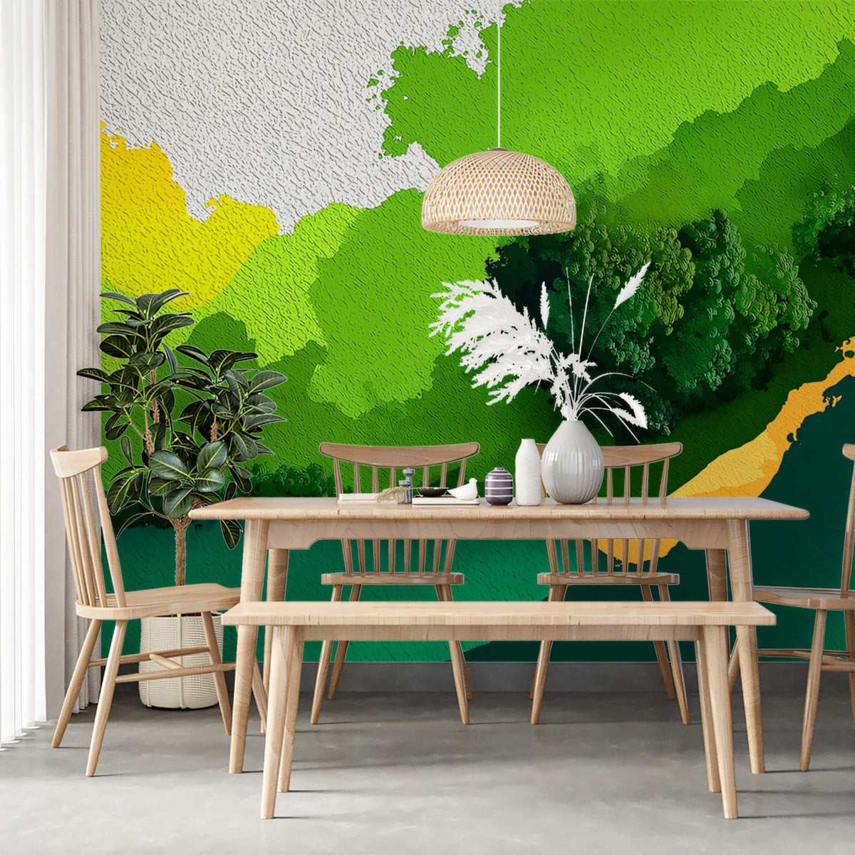 Abstract Aerial River Mural Wallpaper in Vibrant Green and Ochre Mural Wallpaper - room preview 02