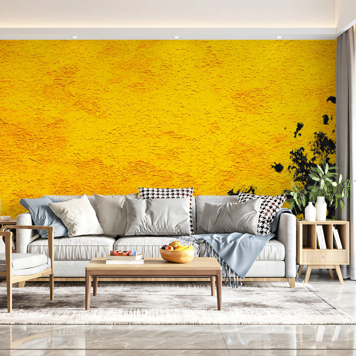 Sun-Drenched Ochre Mural Wallpaper with Abstract Ink Accents Mural Wallpaper - room preview 02