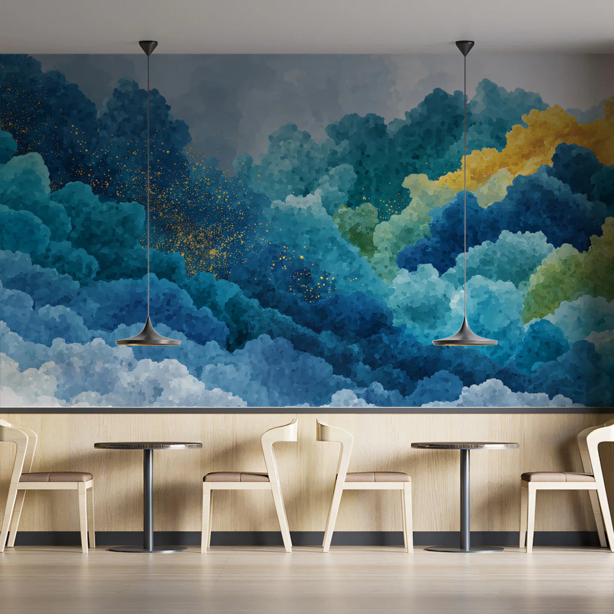 Abstract Mountain Mural Wallpaper — Vibrant Gold and Blue Landscape Mural Wallpaper - room preview 02