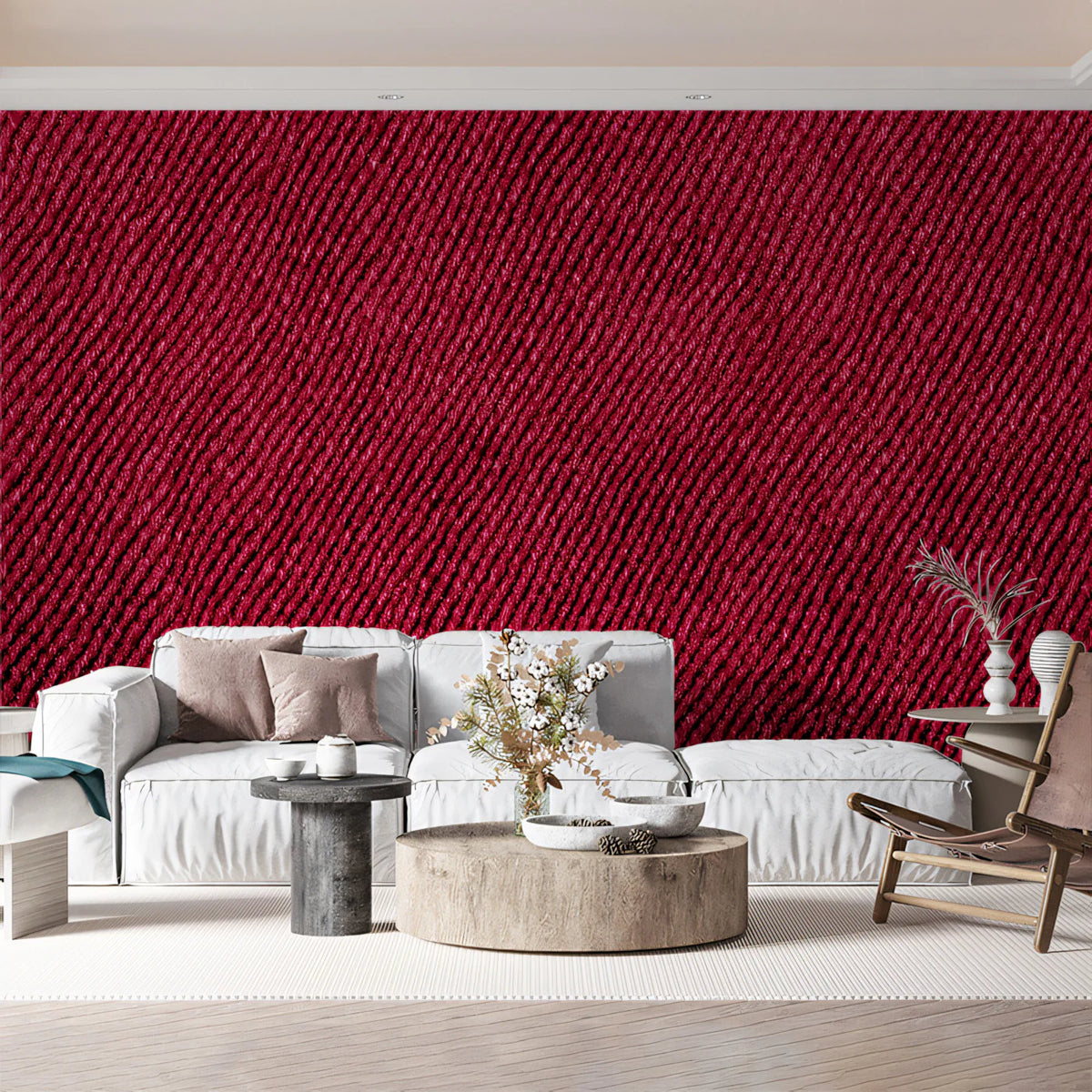 Crimson Textile Weave Mural Wallpaper — Deep Red Fabric Texture Mural Wallpaper - room preview 02