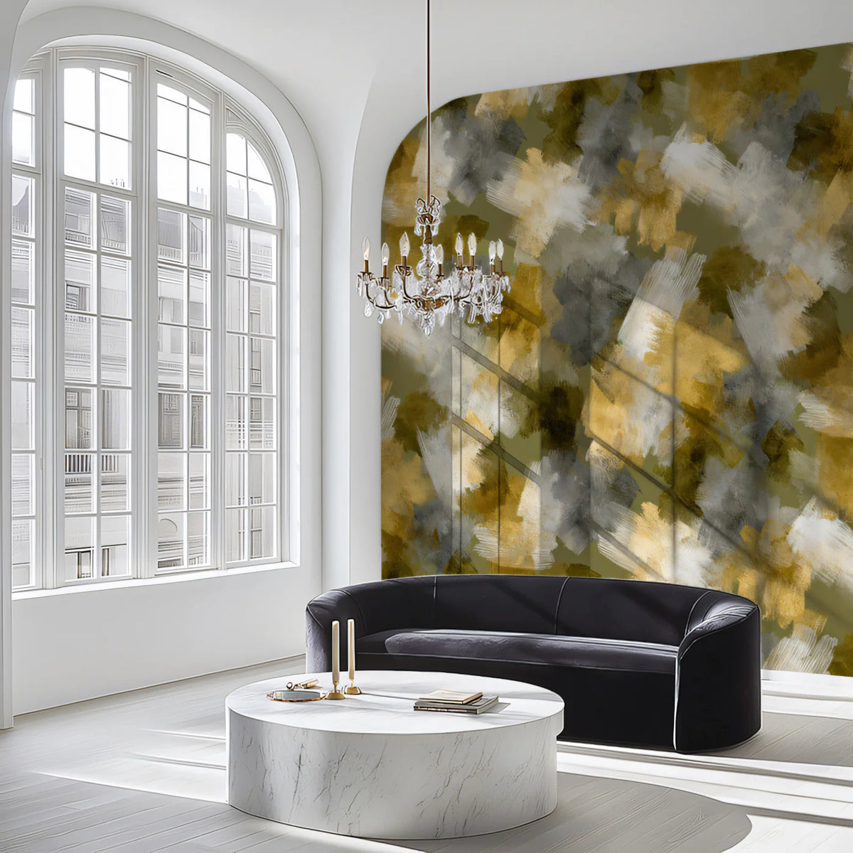 Abstract Brushstroke Mural Wallpaper — Gold and Olive Art Mural Wallpaper - room preview 02
