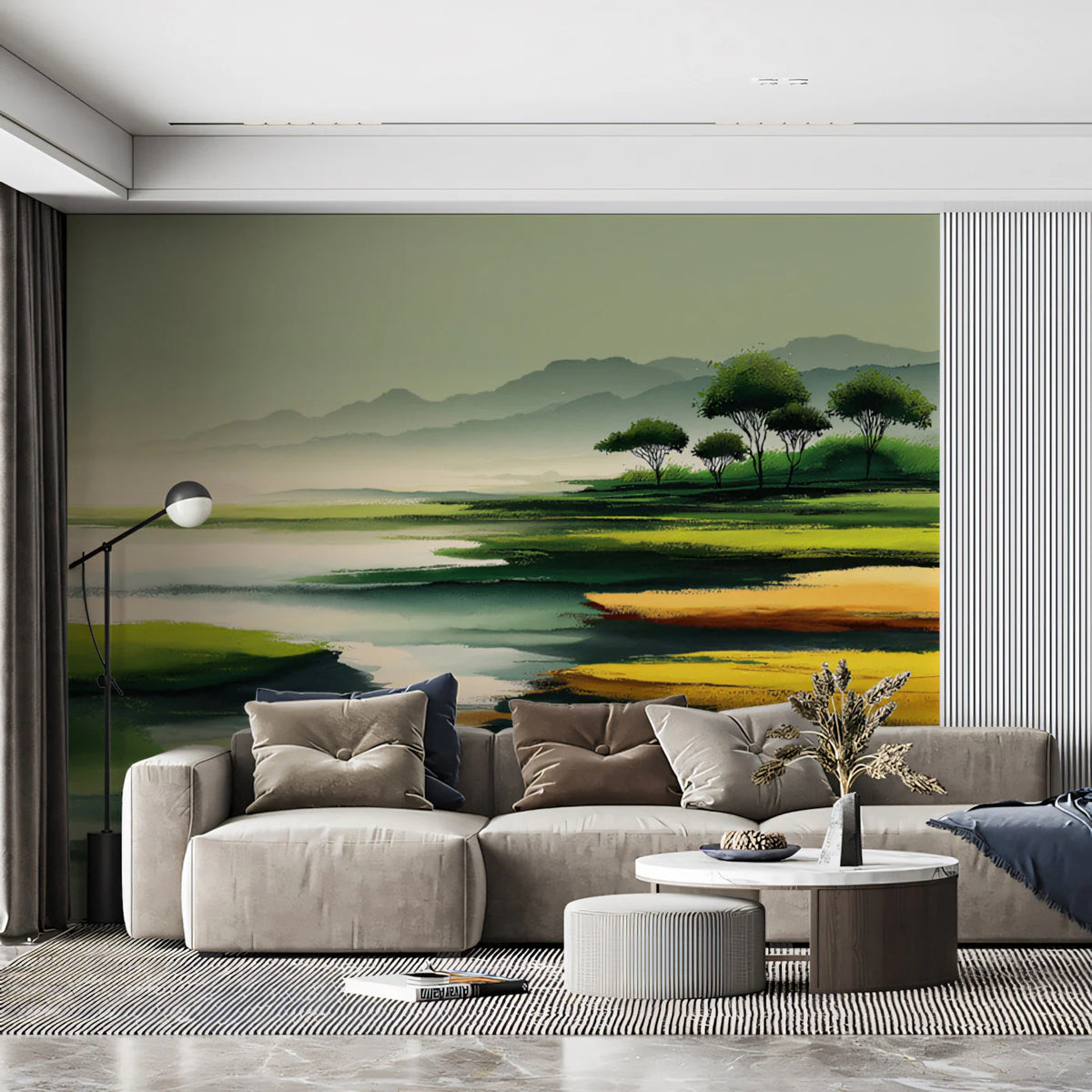 Abstract Horizon Mural Wallpaper — Painterly Pastoral Landscape Mural Wallpaper - room preview 02
