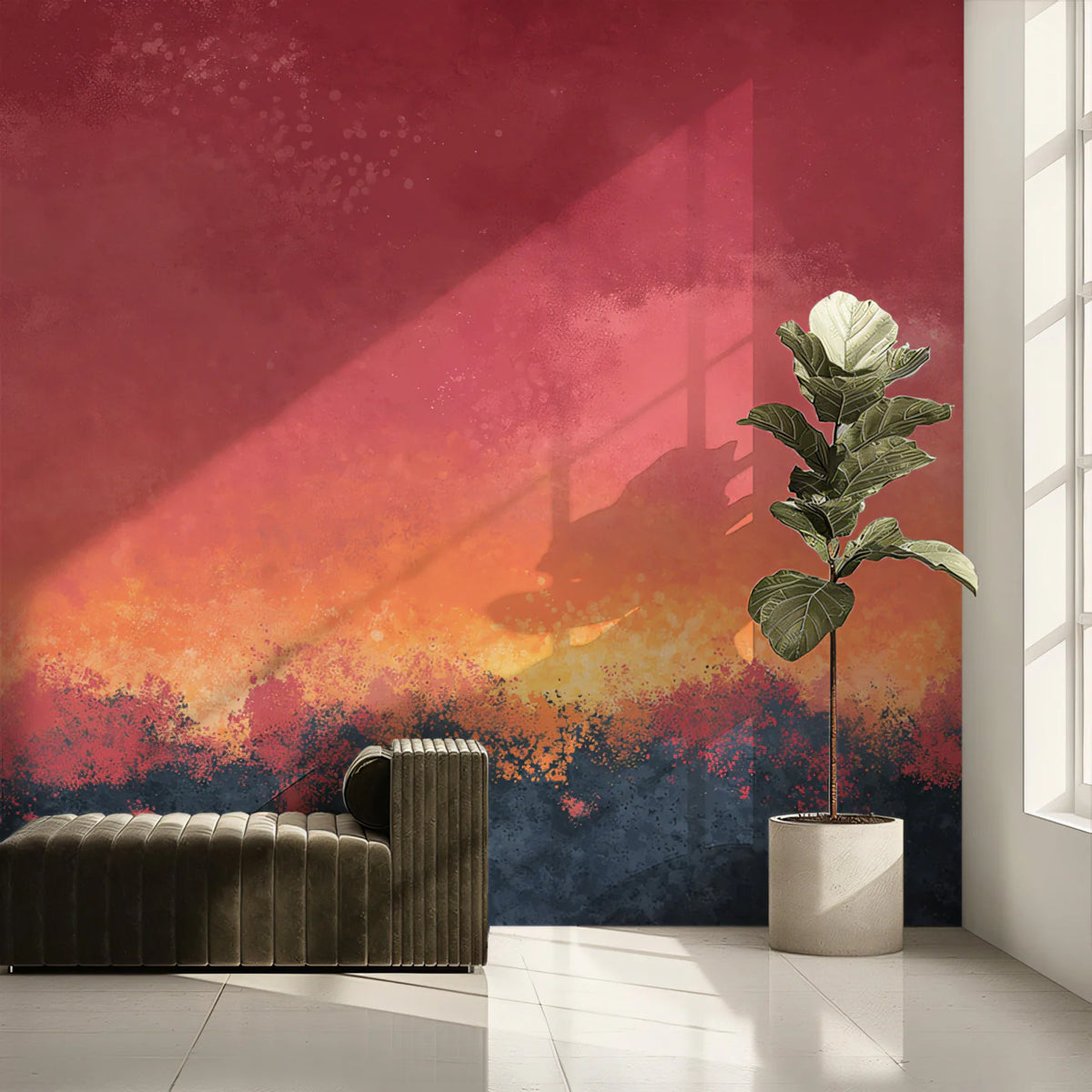 Abstract Painted Sunset Mural Wallpaper — Warm Gradient Landscape Mural Wallpaper - room preview 02