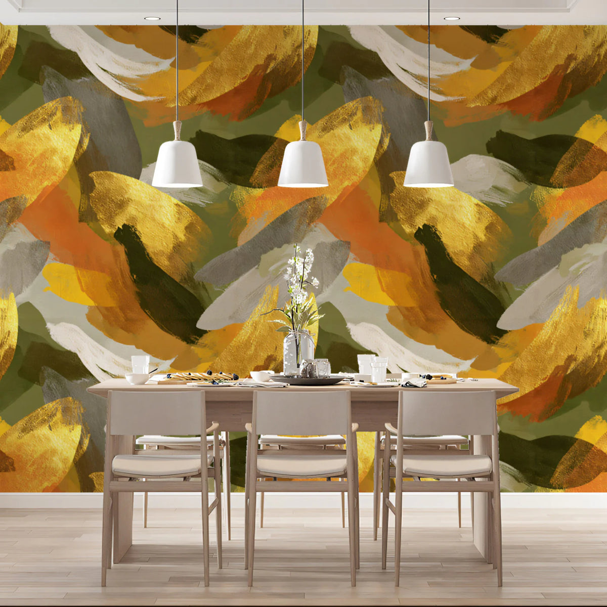 Abstract Brushstroke Mural Wallpaper — Gold and Olive Art Mural Wallpaper - room preview 02
