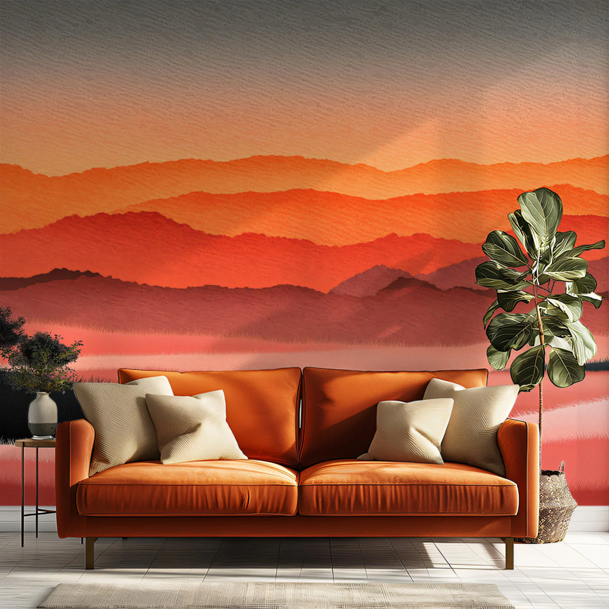 Sunset Horizon Mural Wallpaper — Layered Mountain Landscape Mural Wallpaper - room preview 02