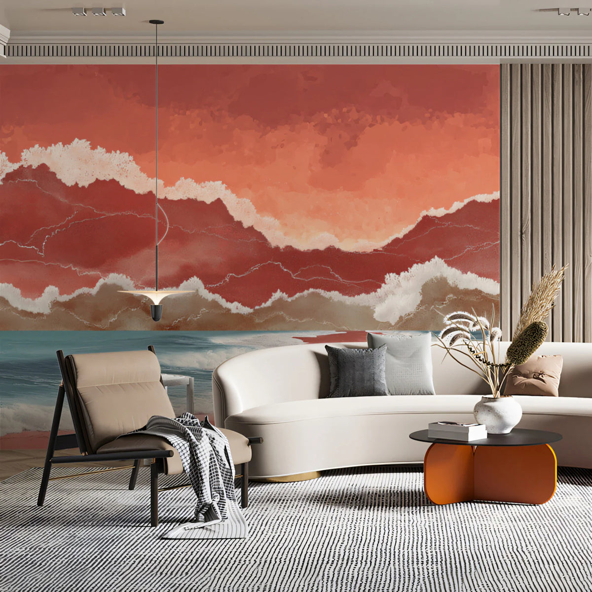 Surreal Coastal Landscape Mural Wallpaper — Dreamy Coral and Sea Mural Wallpaper - room preview 02