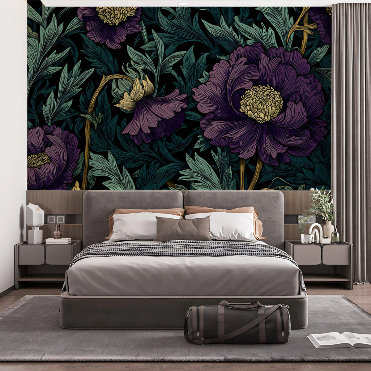 Vintage Floral Mural Wallpaper in Plum and Teal — Moody Botanical Mural Wallpaper - room preview 02