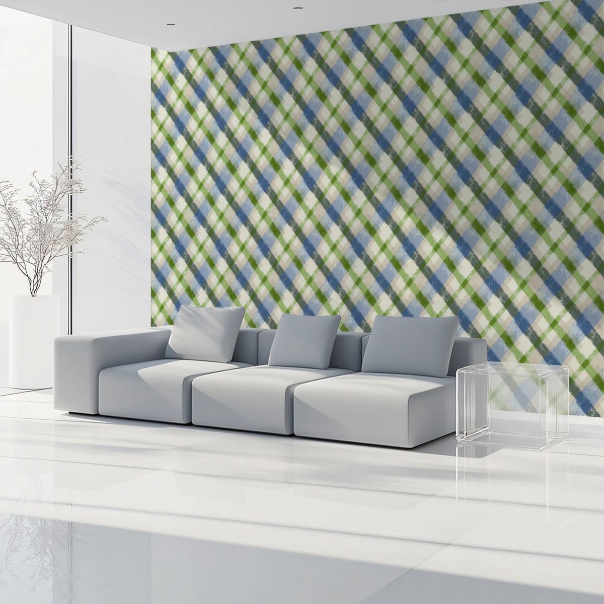 Diagonal Plaid Mural Wallpaper in Refreshing Blue and Green Mural Wallpaper - room preview 02