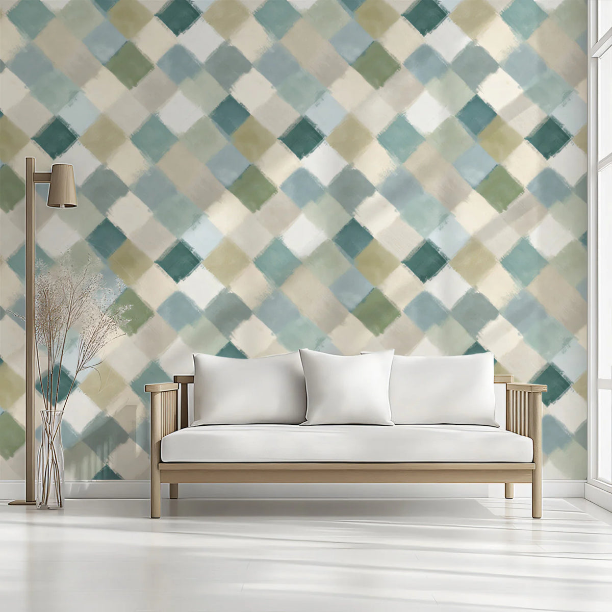 Brushstroke Diamond Mural Wallpaper — Soft Muted Geometric Mural Wallpaper - room preview 02