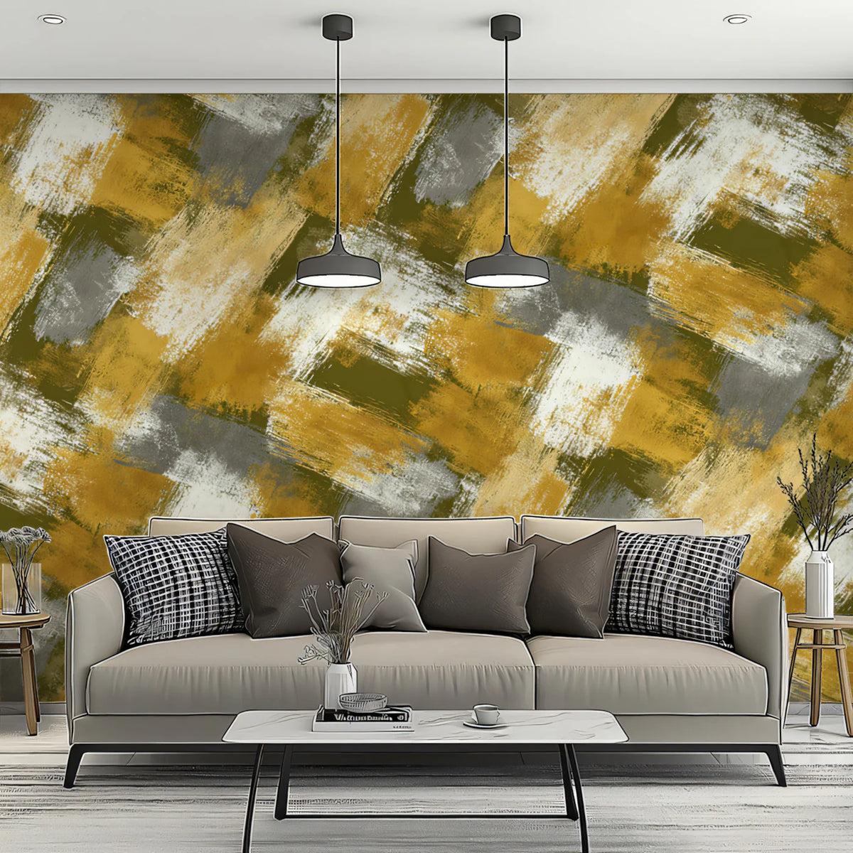 Woven Brushstroke Mural Wallpaper in Ochre and Olive Mural Wallpaper - room preview 02