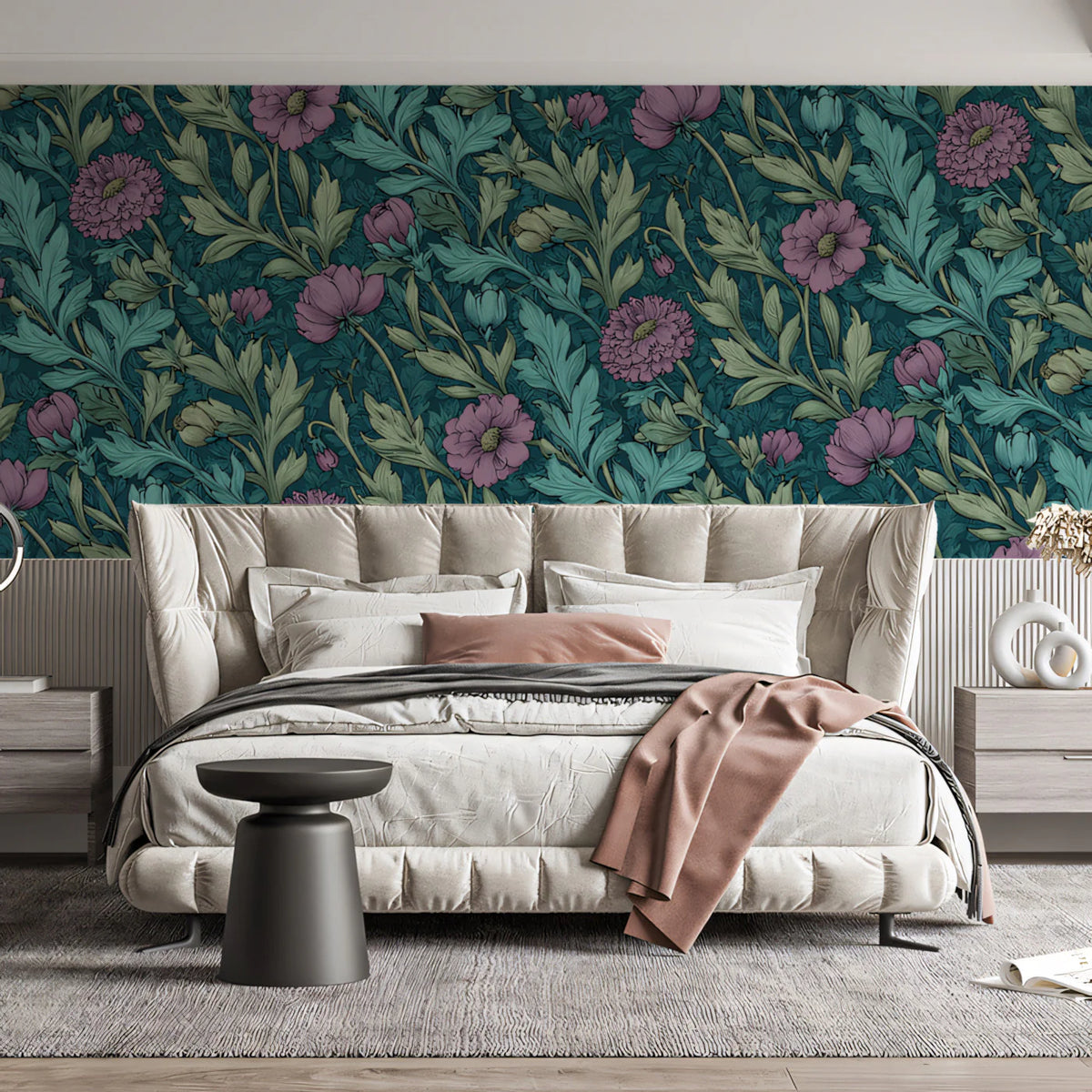 Botanical Floral Mural Wallpaper — Moody Teal and Violet Pattern Mural Wallpaper - room preview 02