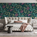Botanical Floral Mural Wallpaper — Moody Teal and Violet Pattern Mural Wallpaper - room preview 02