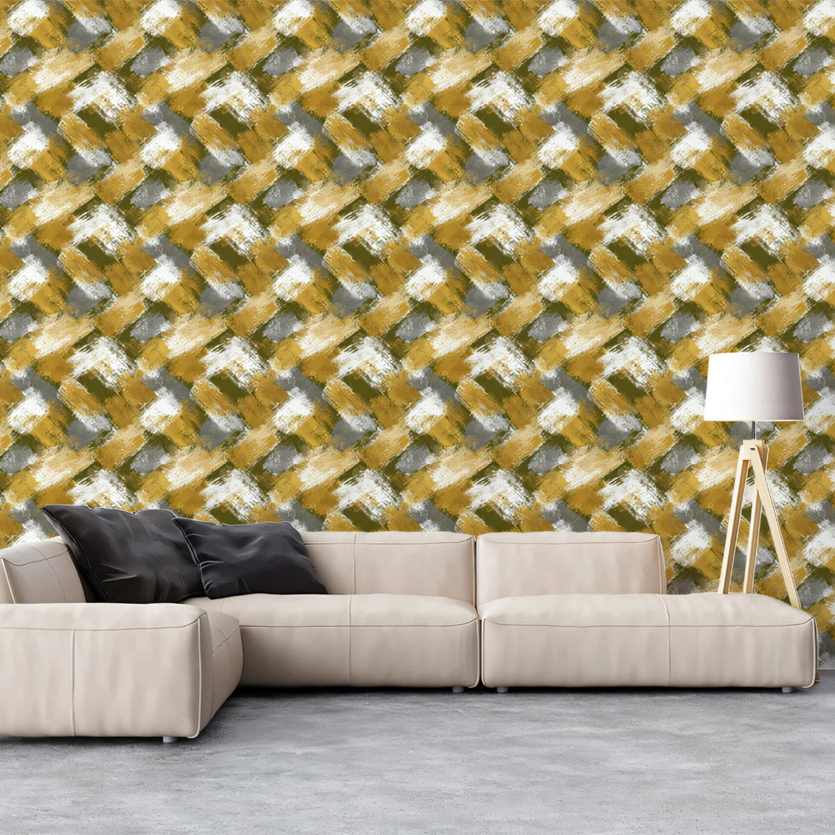 Textured Ochre and Olive Geometric Mural Wallpaper - room preview 02