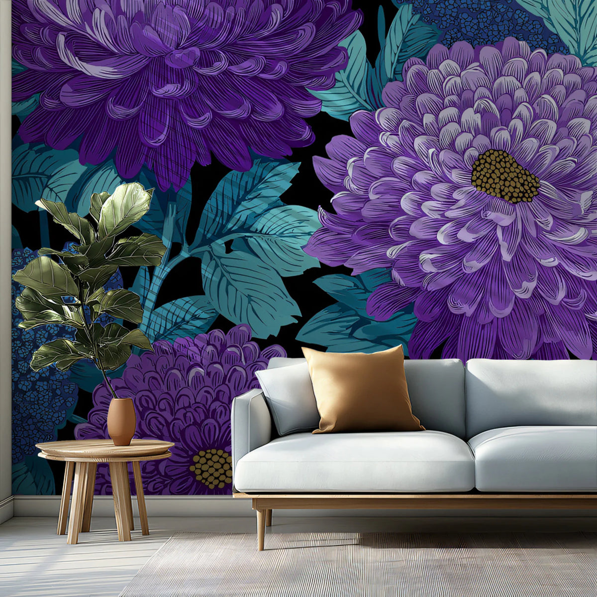 Dramatic Chrysanthemum Floral Mural Wallpaper in Purple and Teal Mural Wallpaper - room preview 02