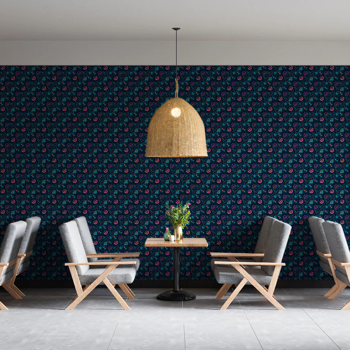 Intricate Micro Floral Mural Wallpaper in Teal and Plum Mural Wallpaper - room preview 02