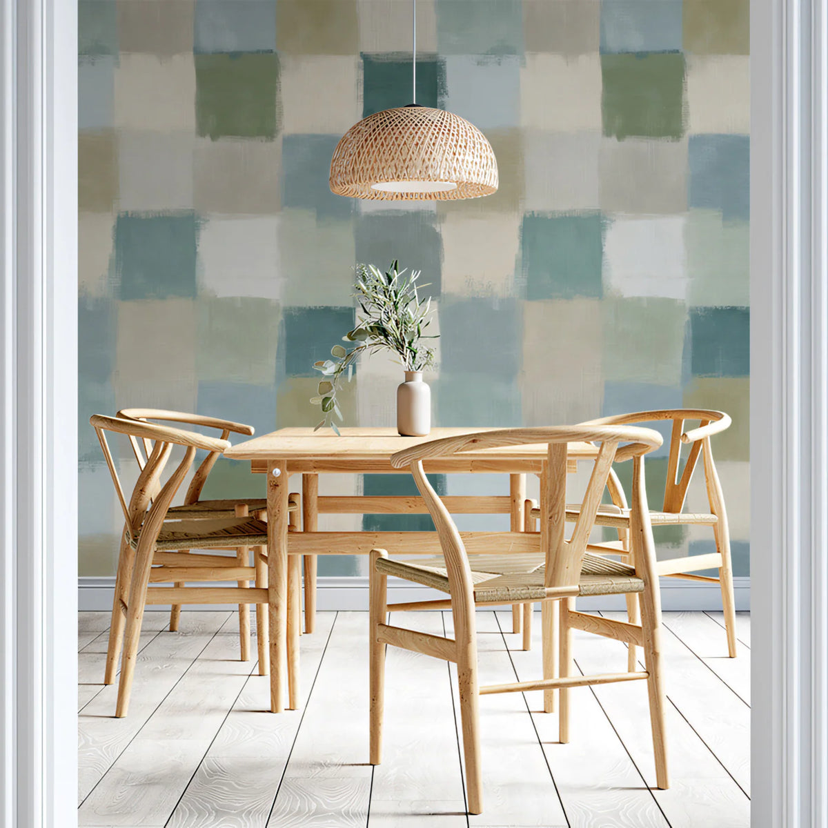 Painterly Checkered Mural Wallpaper in Muted Blue and Green Tones Mural Wallpaper - room preview 02