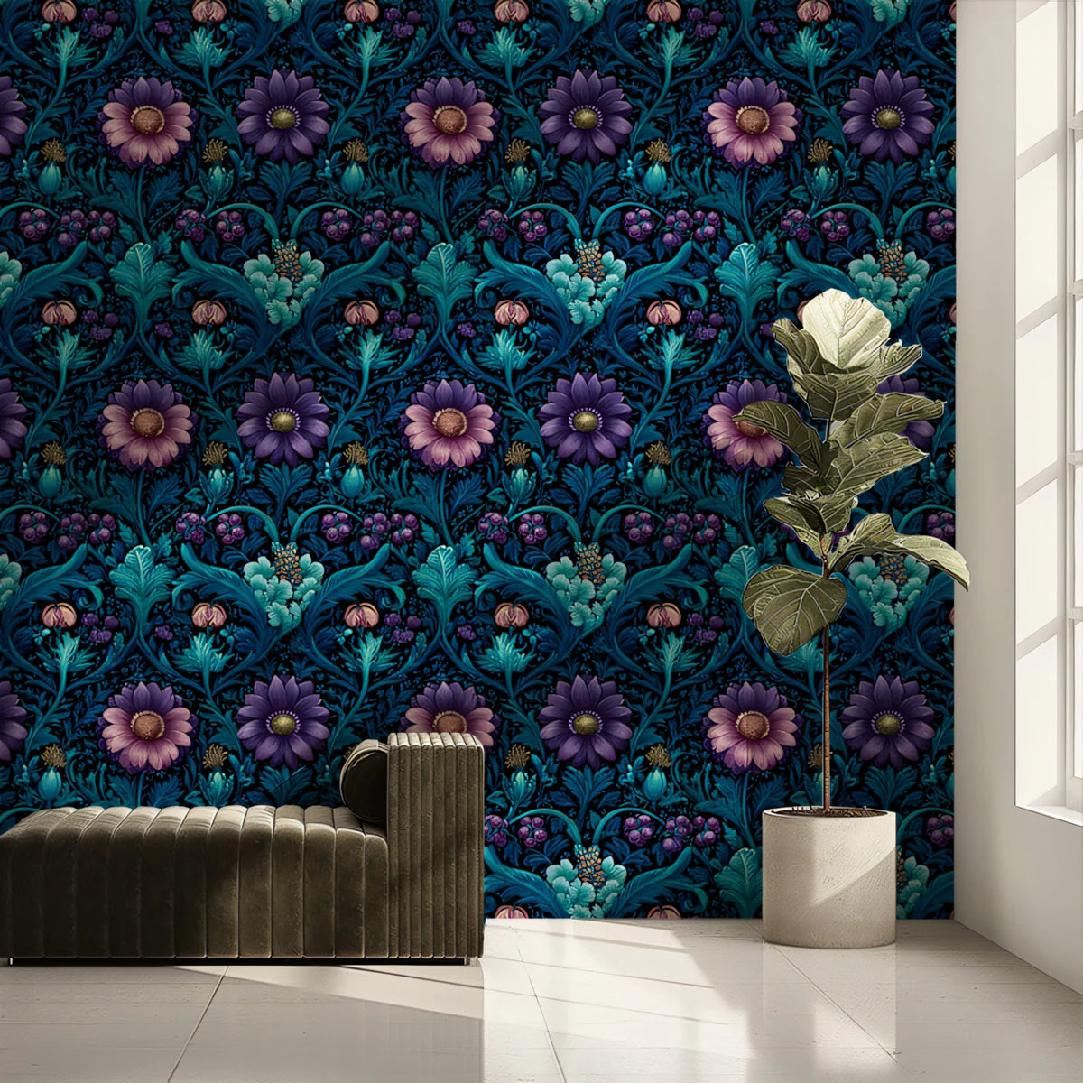 Midnight Bloom Botanical Mural Wallpaper — Dark Floral Art Mural Wallpaper - room preview 02