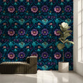 Midnight Bloom Botanical Mural Wallpaper — Dark Floral Art Mural Wallpaper - room preview 02