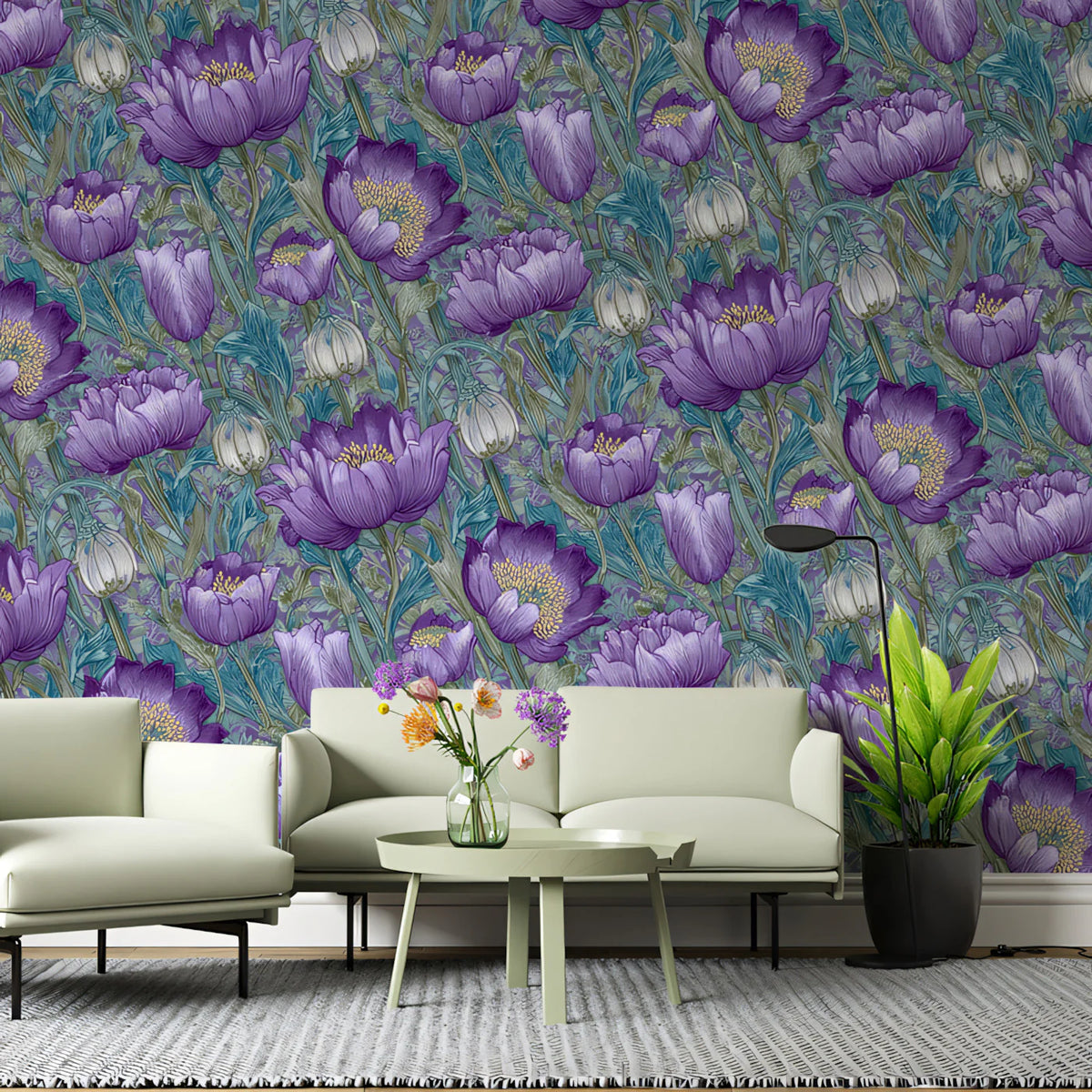 Botanical Peony Mural Wallpaper — Whimsical Violet and Teal Mural Wallpaper - room preview 02