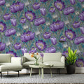 Botanical Peony Mural Wallpaper — Whimsical Violet and Teal Mural Wallpaper - room preview 02