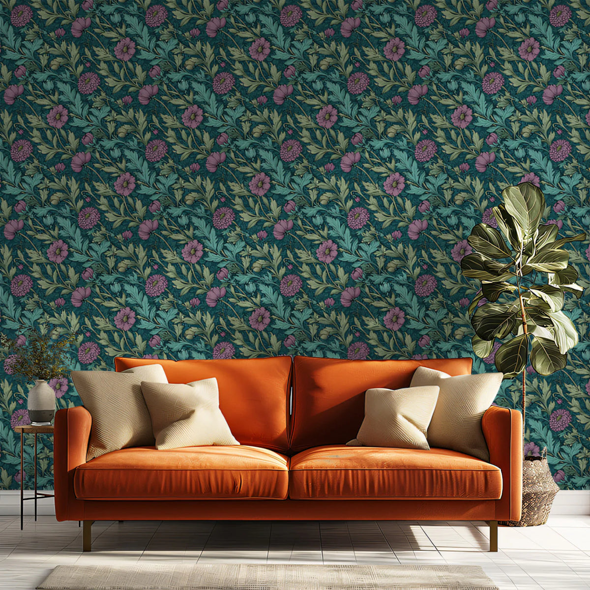 Vintage Floral Mural Wallpaper in Plum and Teal Mural Wallpaper - room preview 02