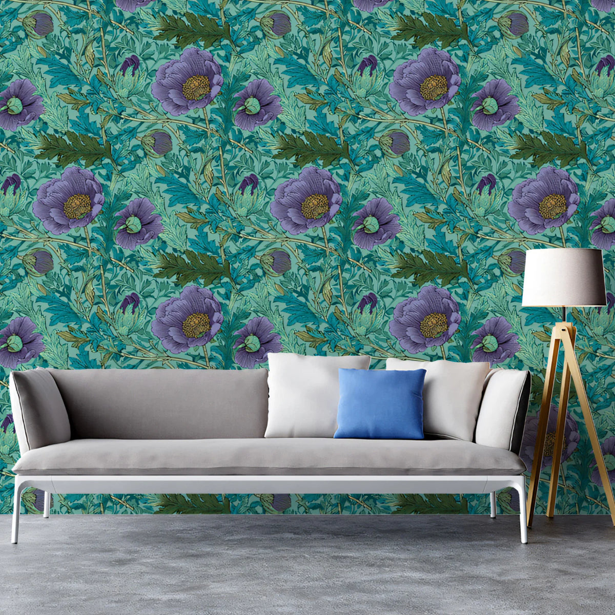Vintage Botanical Floral Mural Wallpaper — Moody Teal and Purple Mural Wallpaper - room preview 02