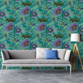 Vintage Botanical Floral Mural Wallpaper — Moody Teal and Purple Mural Wallpaper - room preview 02