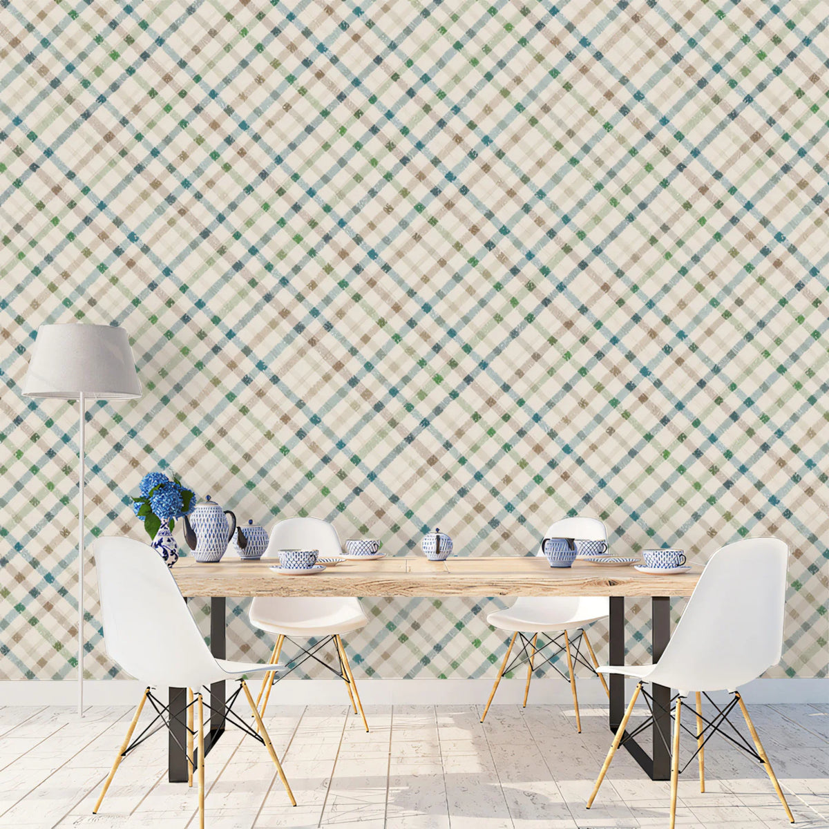 Diagonal Plaid Mural Wallpaper — Muted Earth Tone Check Mural Wallpaper - room preview 02