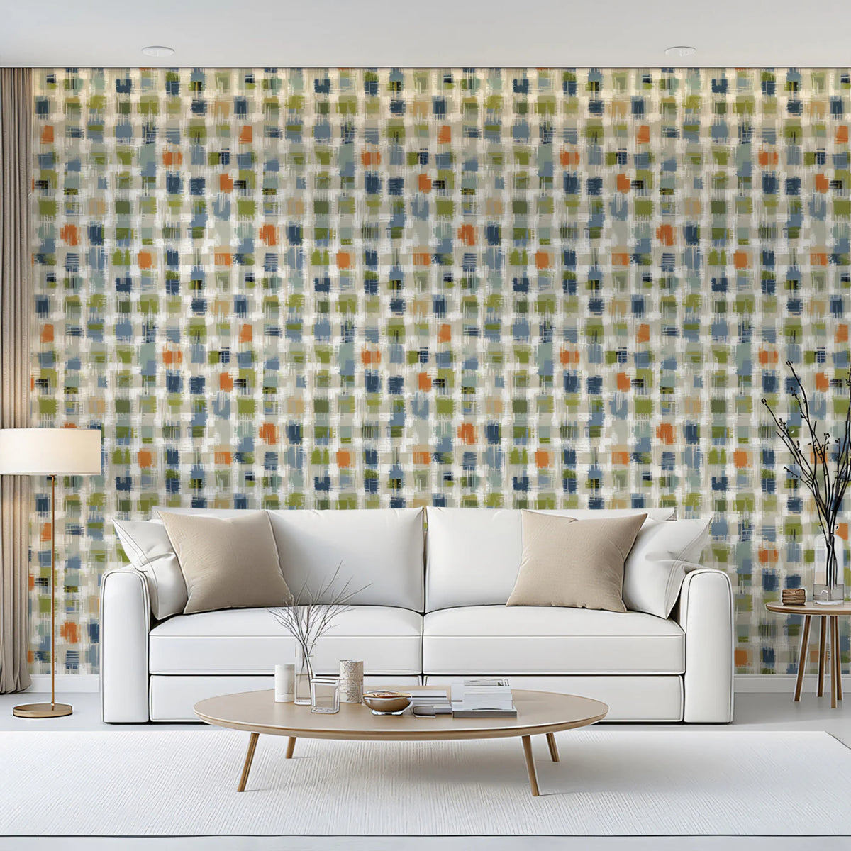 Abstract Cross-Hatch Mural Wallpaper — Hand-Painted Textile Motif Mural Wallpaper - room preview 02