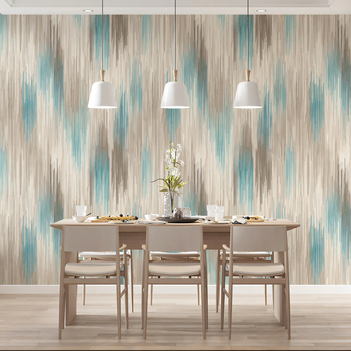 Abstract Ikat Stripe Mural Wallpaper — Soft Teal and Taupe Design Mural Wallpaper - room preview 02