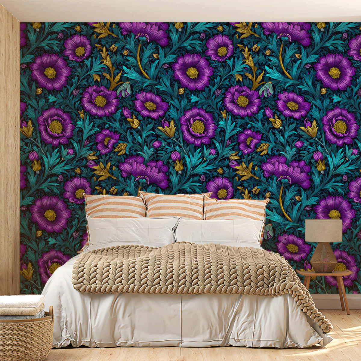 Vivid Purple and Teal Floral Mural Wallpaper — Artistic Botanical Mural Wallpaper - room preview 02