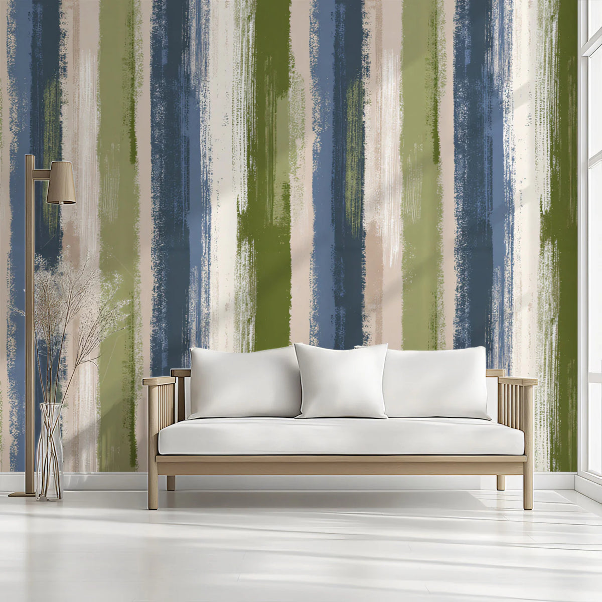 Painterly Vertical Stripe Mural Wallpaper in Olive and Blue Mural Wallpaper - room preview 02