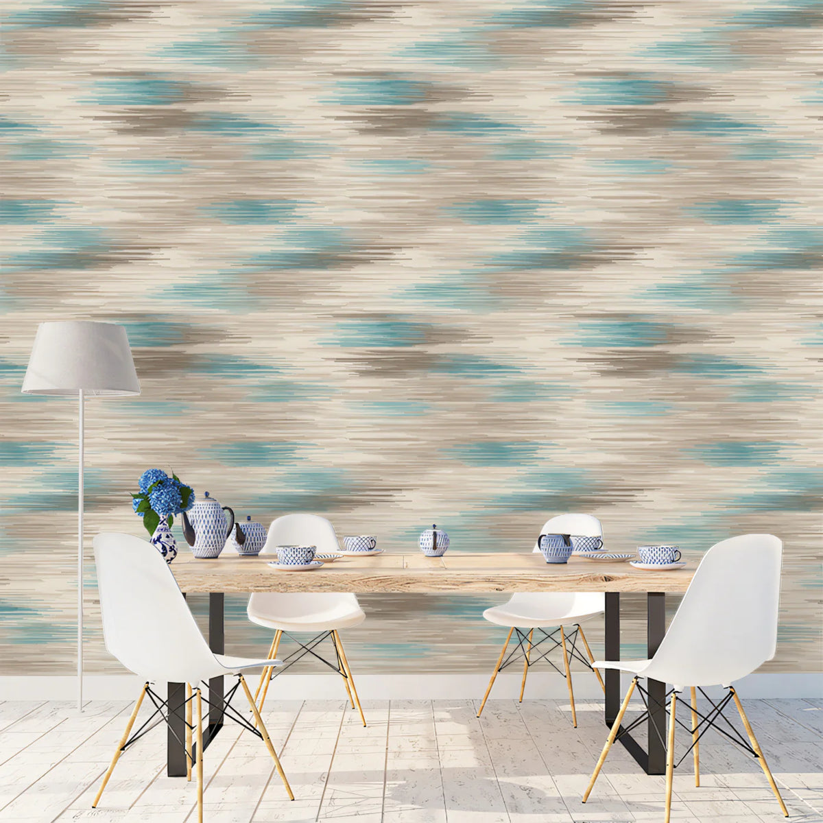 Abstract Ikat Mural Wallpaper — Soft Teal and Taupe Texture Mural Wallpaper - room preview 02