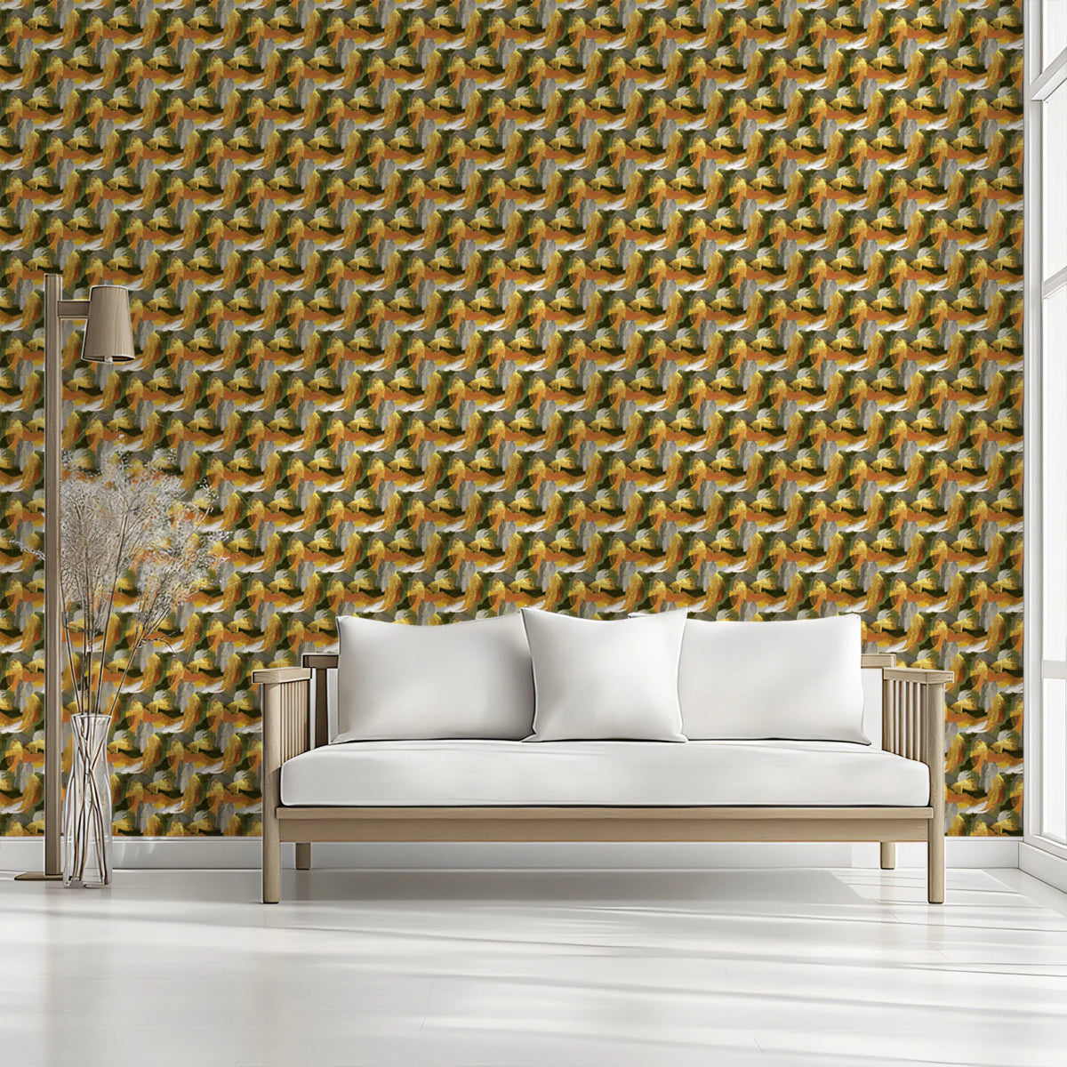Abstract Geometric Mosaic Mural Wallpaper in Earthy Gold and Olive Mural Wallpaper - room preview 02