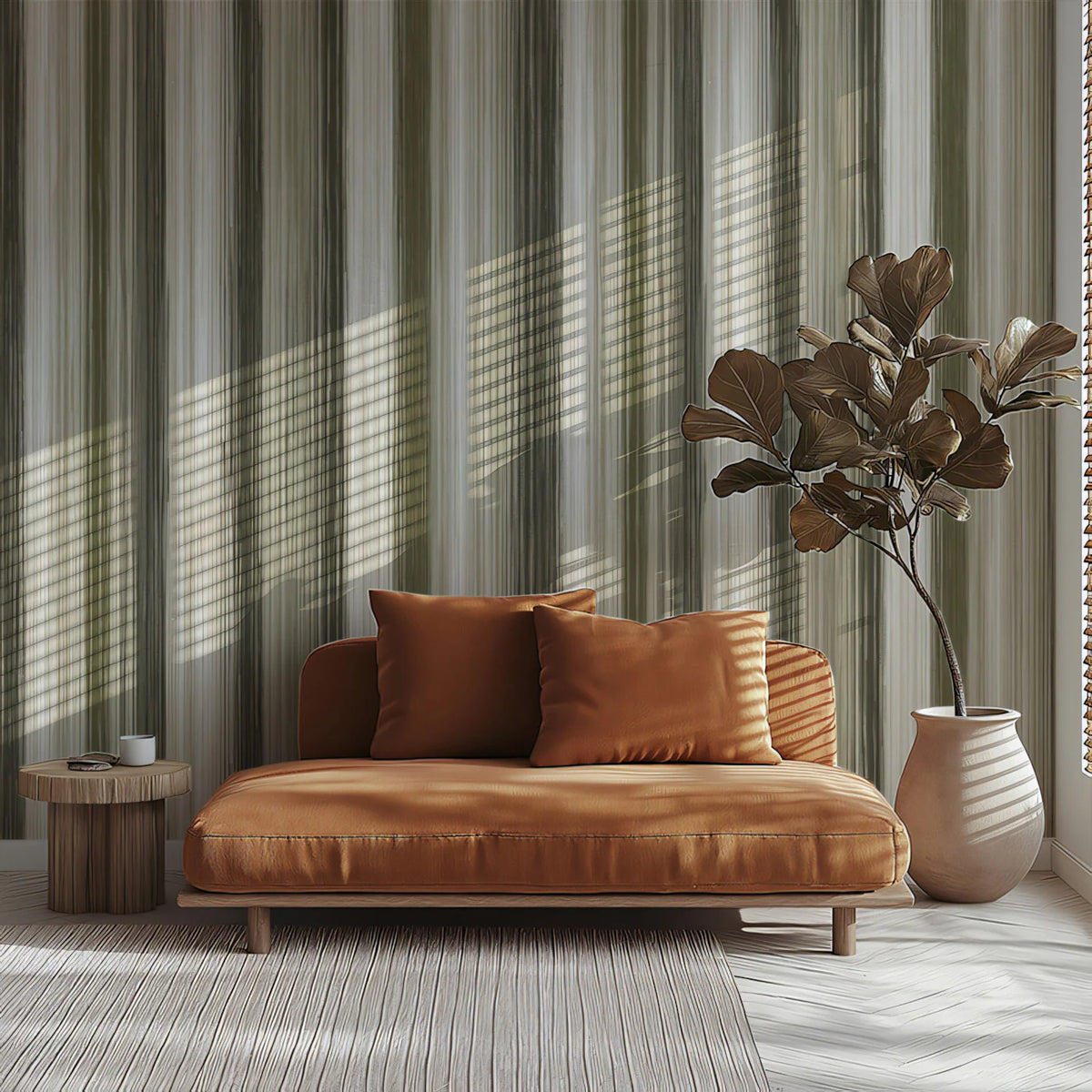 Modern Vertical Brushstroke Mural Wallpaper in Earthy Olive Tones Mural Wallpaper - room preview 02