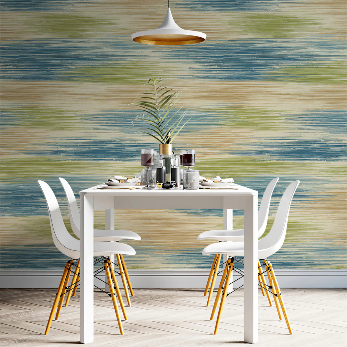 Horizontal Ikat Mural Wallpaper in Earthy Blue and Olive Tones Mural Wallpaper - room preview 02
