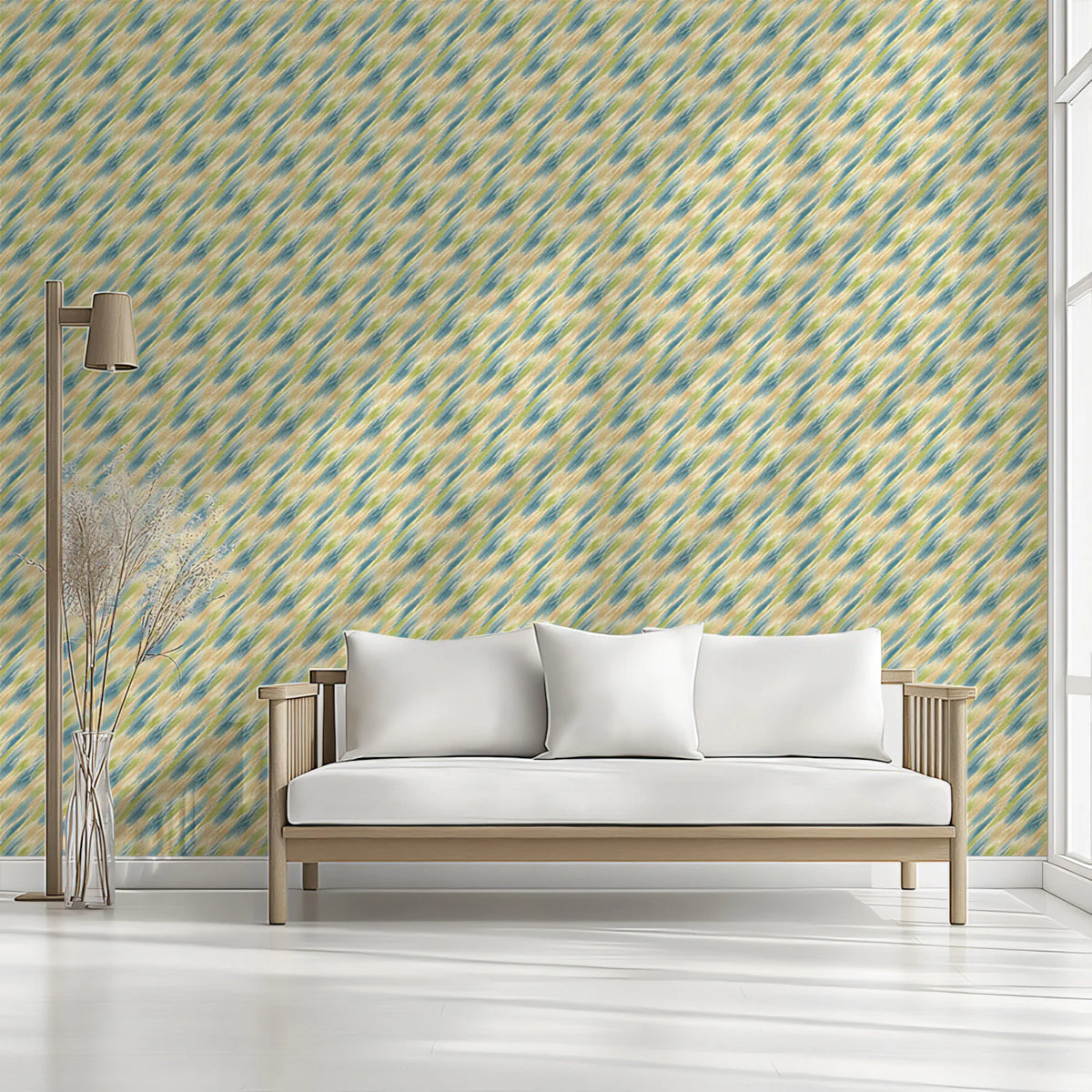 Diagonal Brushstroke Mural Wallpaper — Muted Blue and Ochre Mural Wallpaper - room preview 02