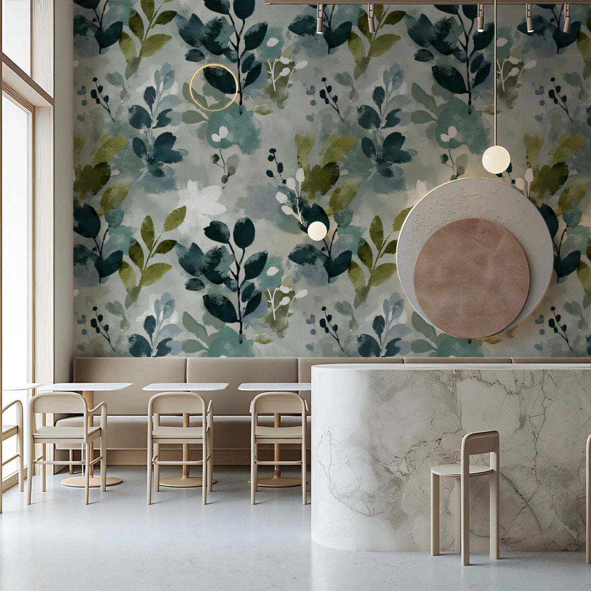 Abstract Botanical Mural Wallpaper — Painterly Leaf and Berry Motif Mural Wallpaper - room preview 02