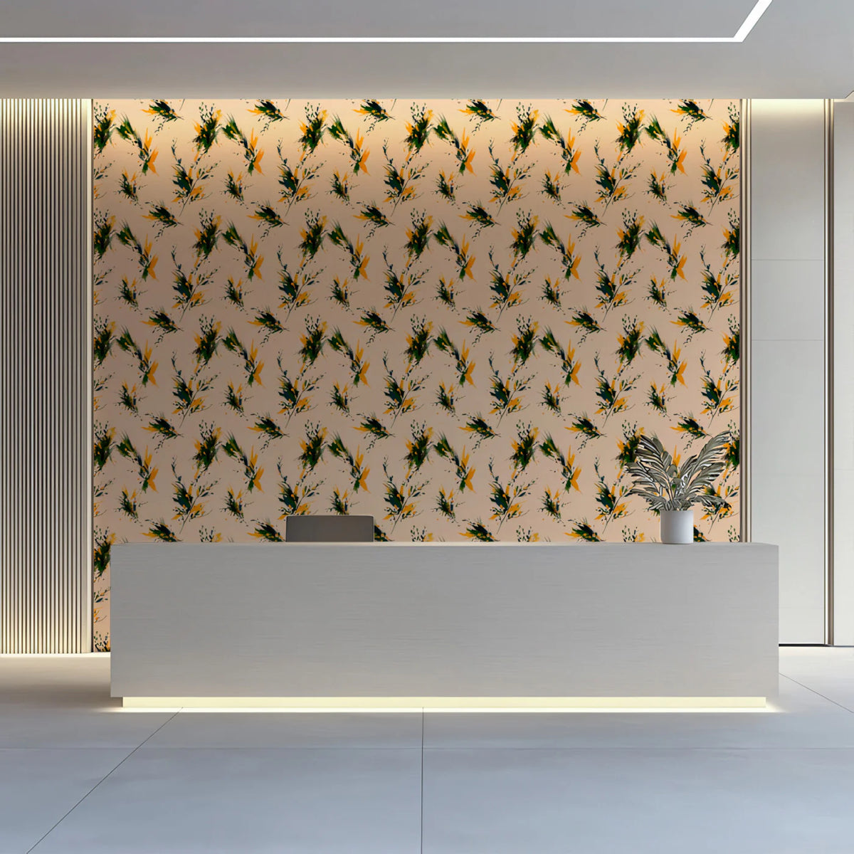 Abstract Botanical Brushstroke Mural Wallpaper — Ochre and Pine Mural Wallpaper - room preview 02