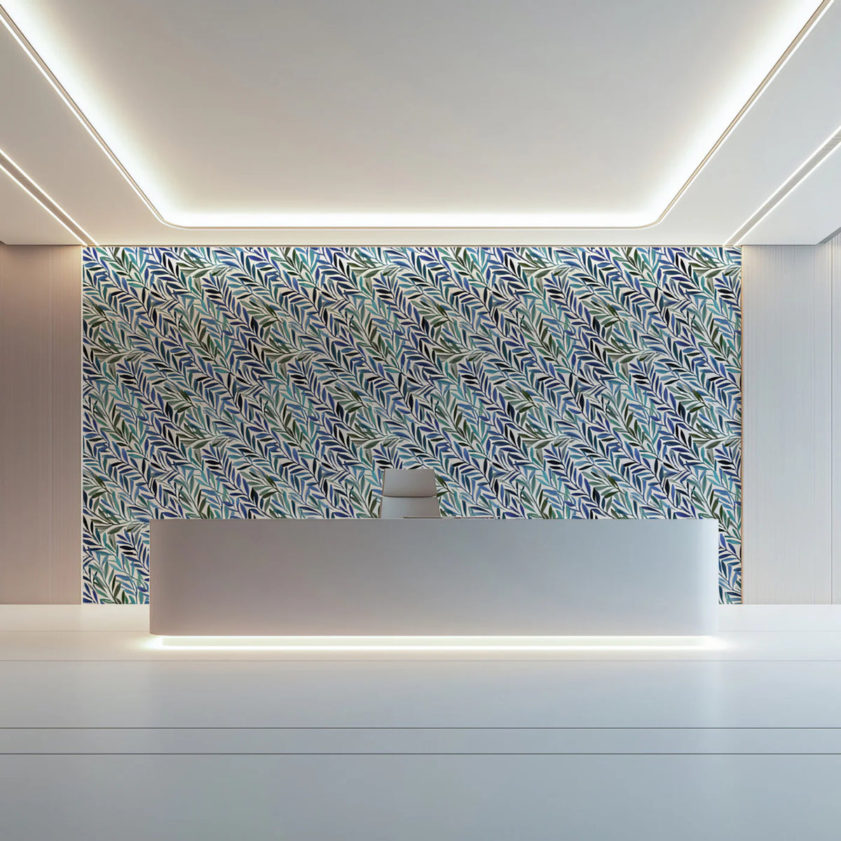 Abstract Botanical Mural Wallpaper — Blue and Sage Leaf Pattern Mural Wallpaper - room preview 02
