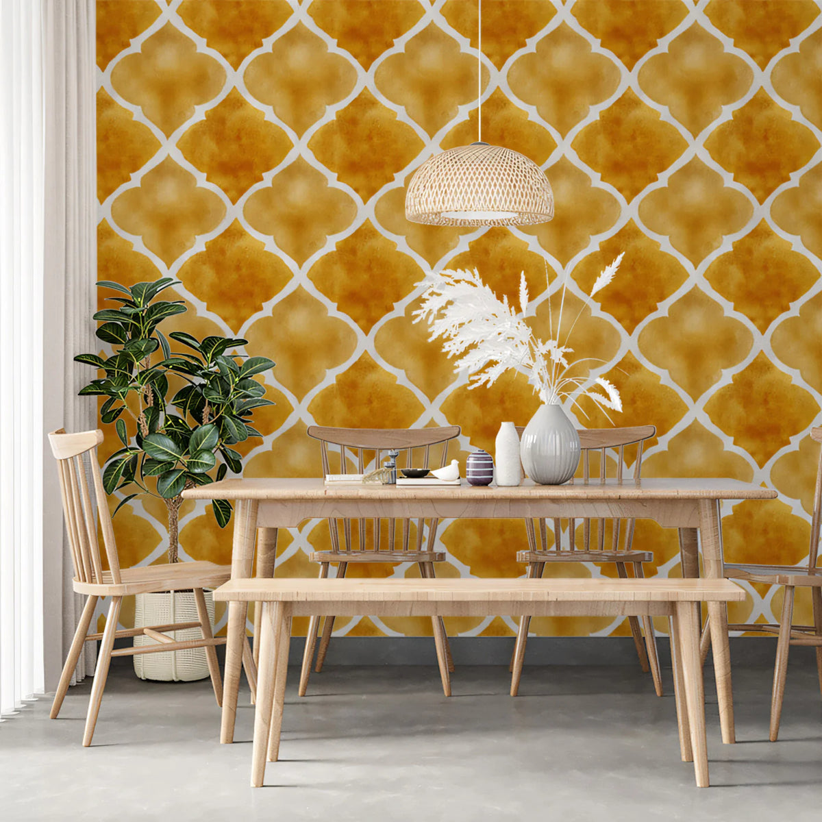 Watercolor Quatrefoil Mural Wallpaper — Warm Gold Geometric Mural Wallpaper - room preview 02