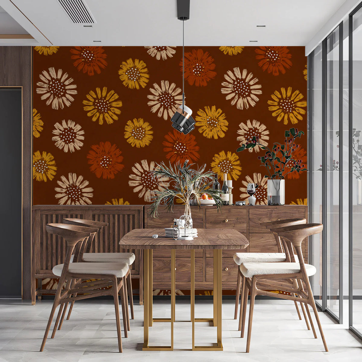 Rustic Daisy Meadow Mural Wallpaper — Earthy Warmth and Vintage Charm Mural Wallpaper - room preview 02