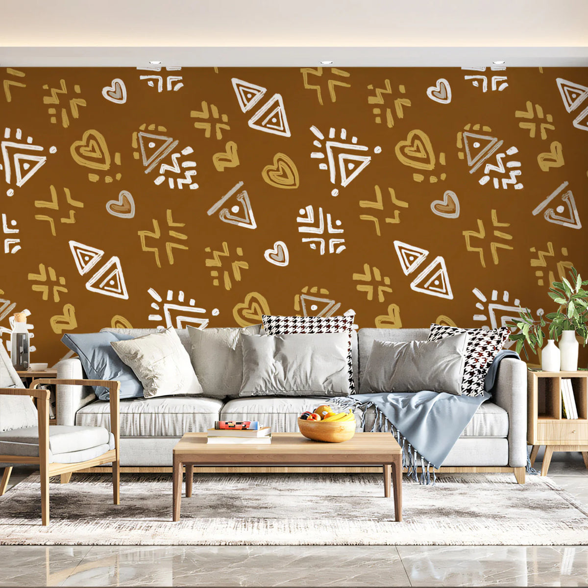 Modern Tribal Mural Wallpaper — Abstract Earthy Pattern Mural Wallpaper - room preview 02