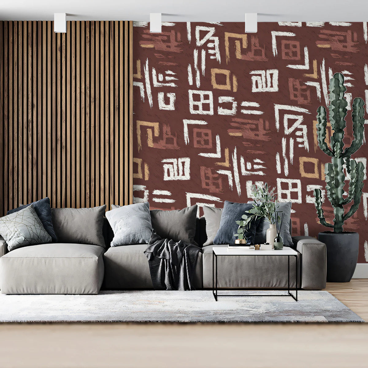 Modern Folk Abstract Mural Wallpaper — Earthy Tribal Print Mural Wallpaper - room preview 02