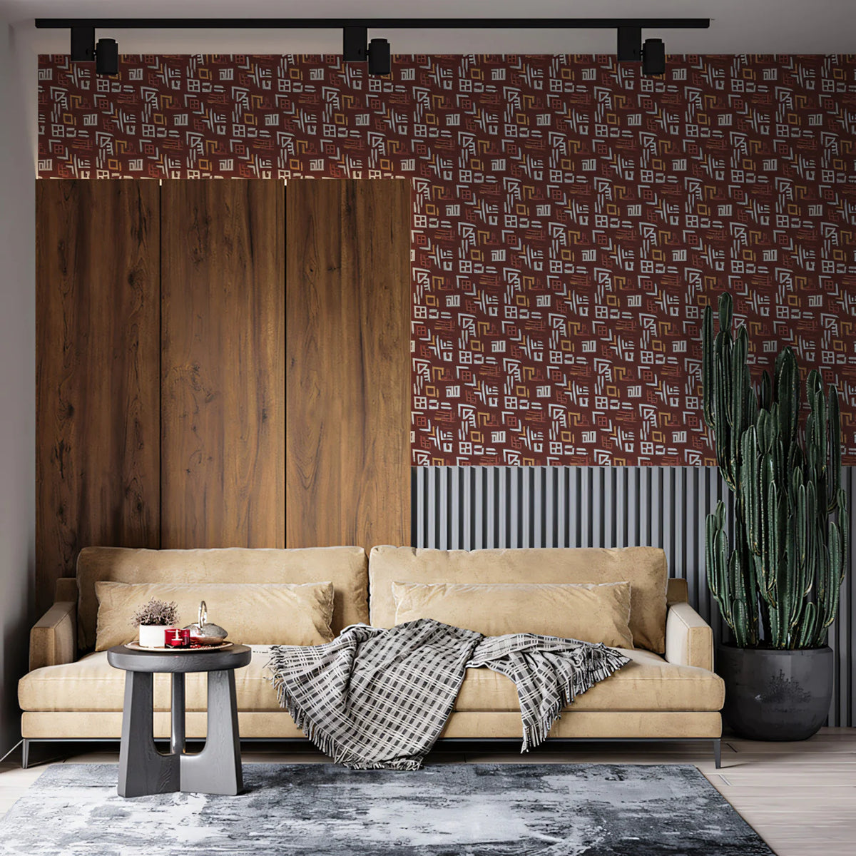Abstract Tribal Motif Mural Wallpaper — Earthy Geometric Folk Art Mural Wallpaper - room preview 02