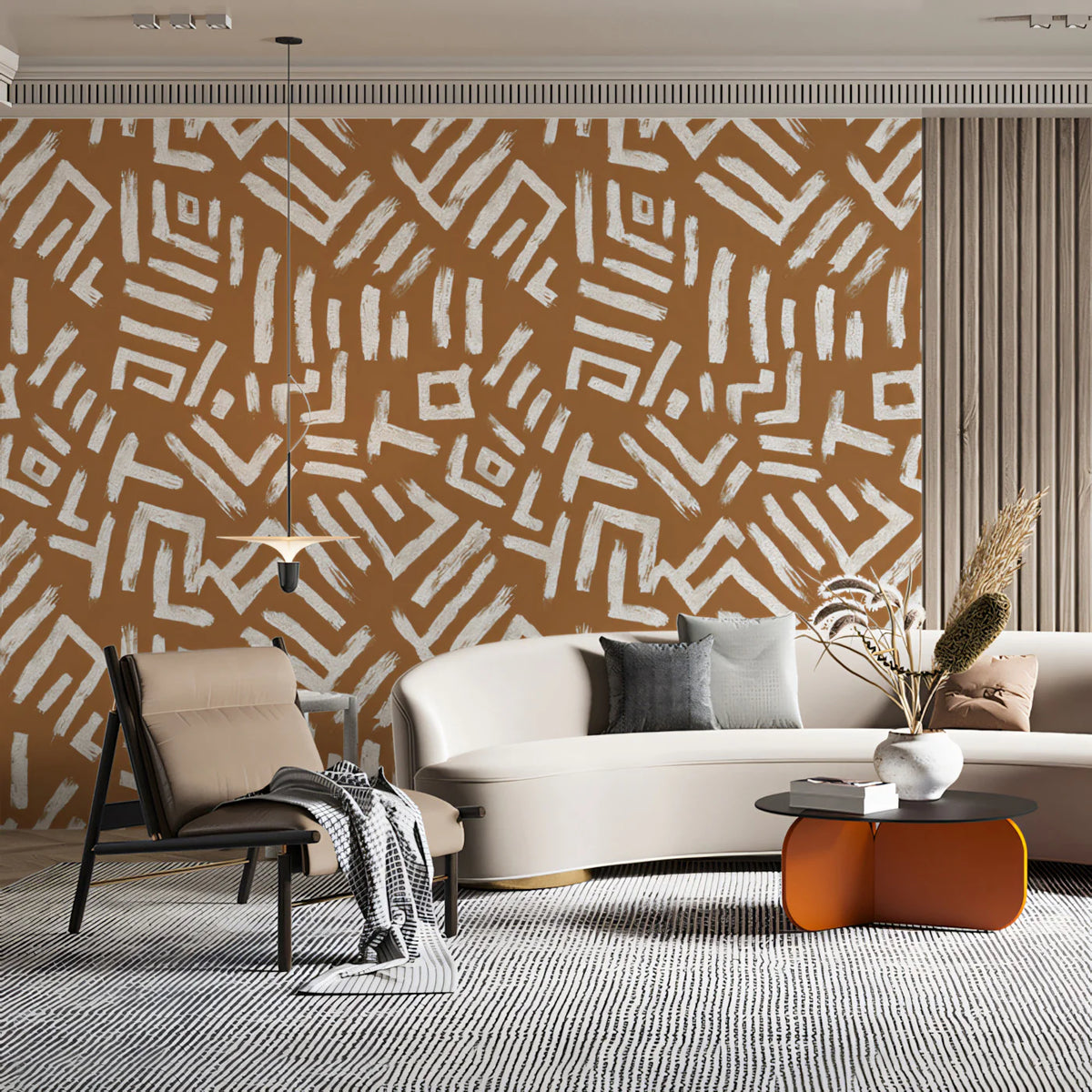 Abstract Tribal Clay Mural Wallpaper — Modern Hand-Drawn Lines Mural Wallpaper - room preview 02